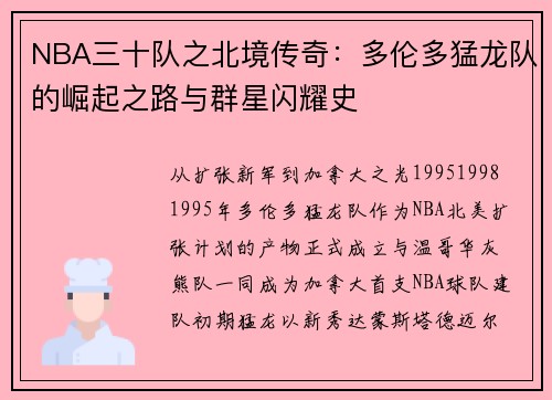 NBA三十队之北境传奇：多伦多猛龙队的崛起之路与群星闪耀史