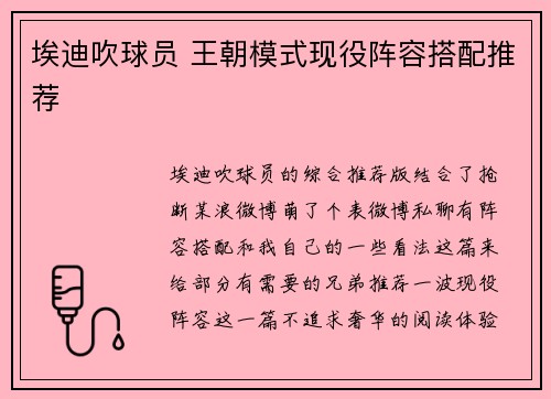 埃迪吹球员 王朝模式现役阵容搭配推荐