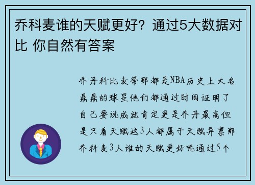 乔科麦谁的天赋更好？通过5大数据对比 你自然有答案