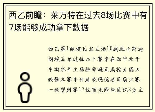 西乙前瞻：莱万特在过去8场比赛中有7场能够成功拿下数据
